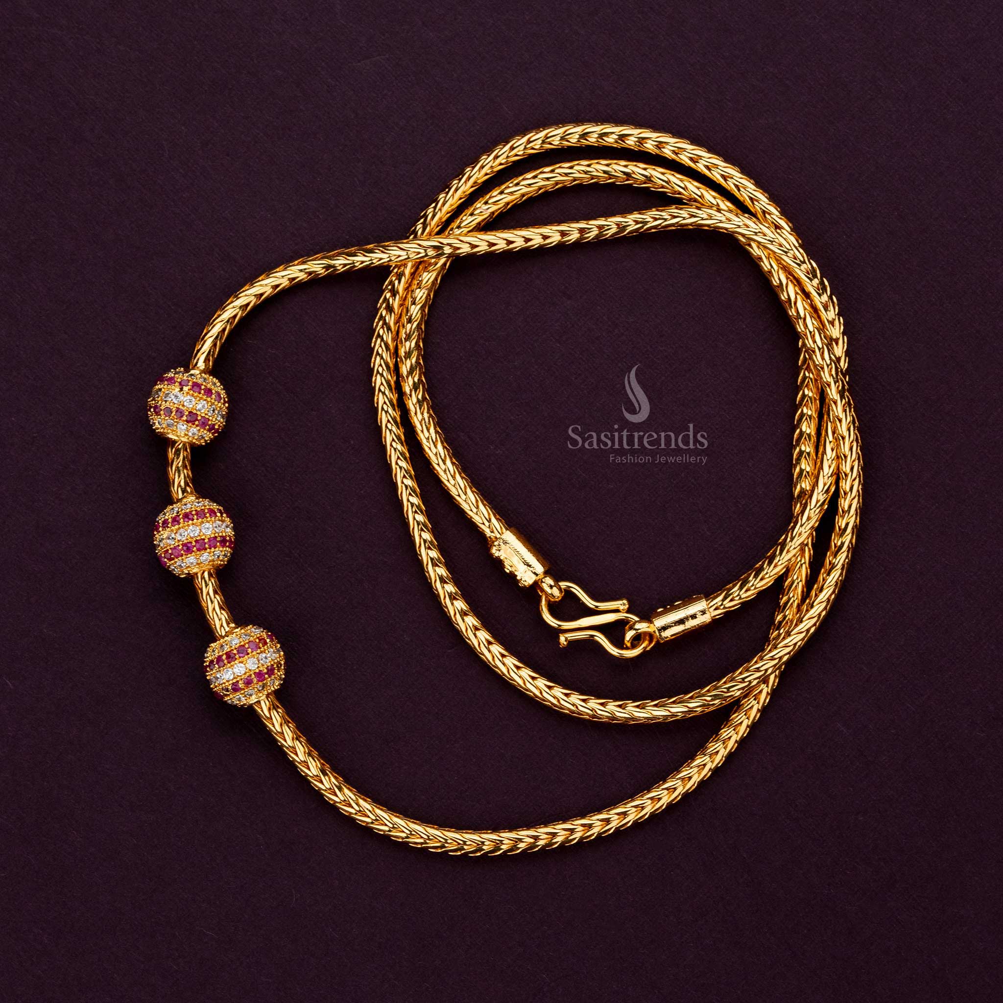 Guaranteed 24-carat gold-plated white-ruby AD-stone ball mugappu chain, adds luxury to any outfit Sasitrends