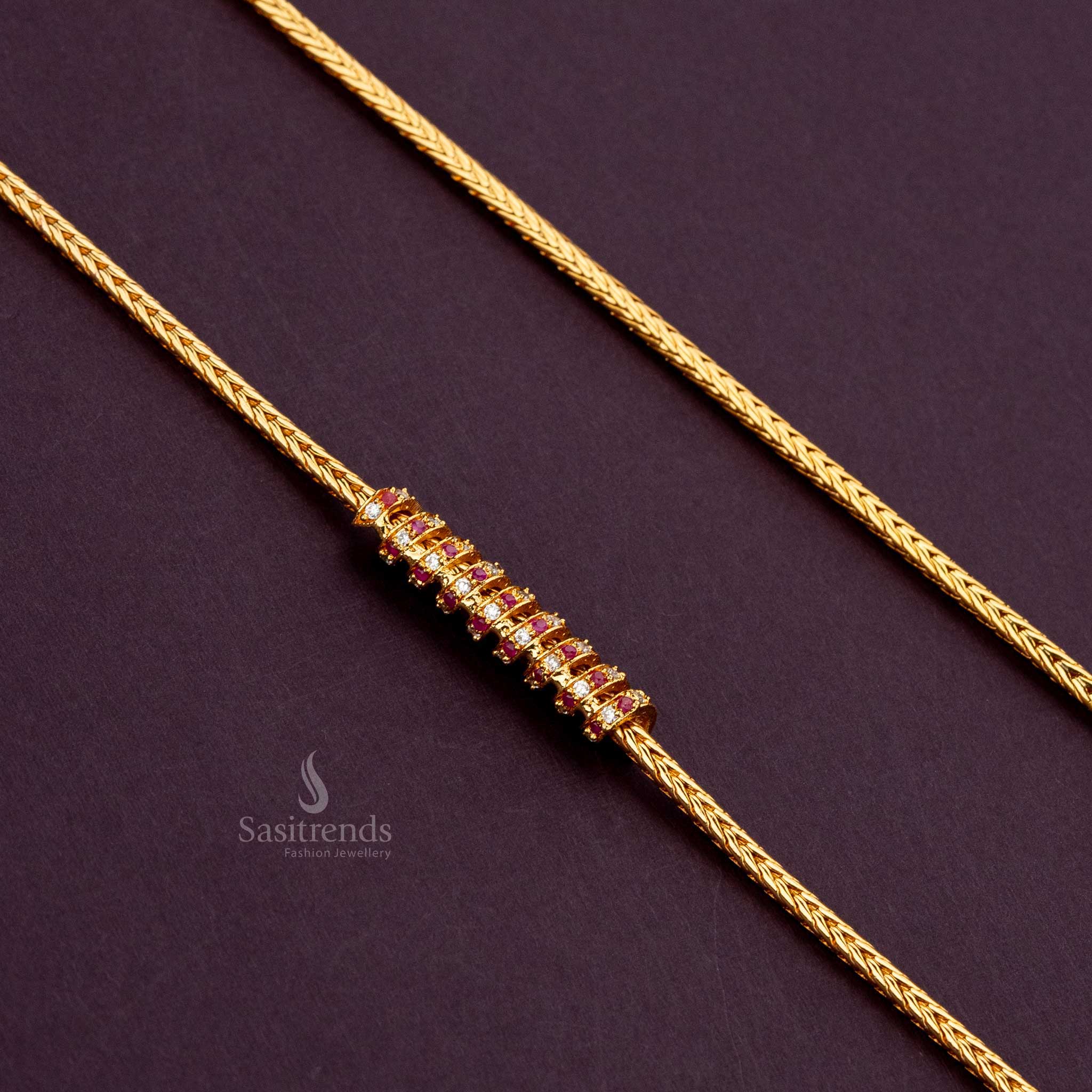 Spiral spring mugappu chain with White-Ruby AD stones, gold-plated and guaranteed - Sasitrends