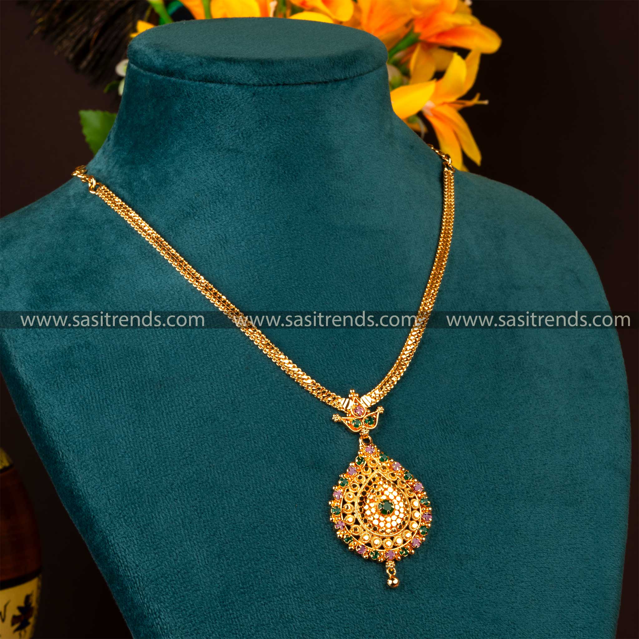 Indian Traditional Micro Gold Plated Thilak Pendant Necklace with AD Stones - Festive Wear