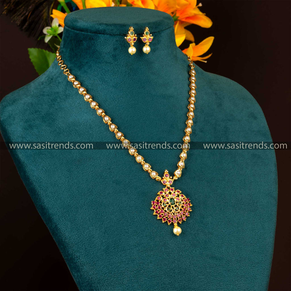 Guaranteed Micro Gold Plated Pearl Mala Ruby Green Necklace Set Sasitrends online Shopping