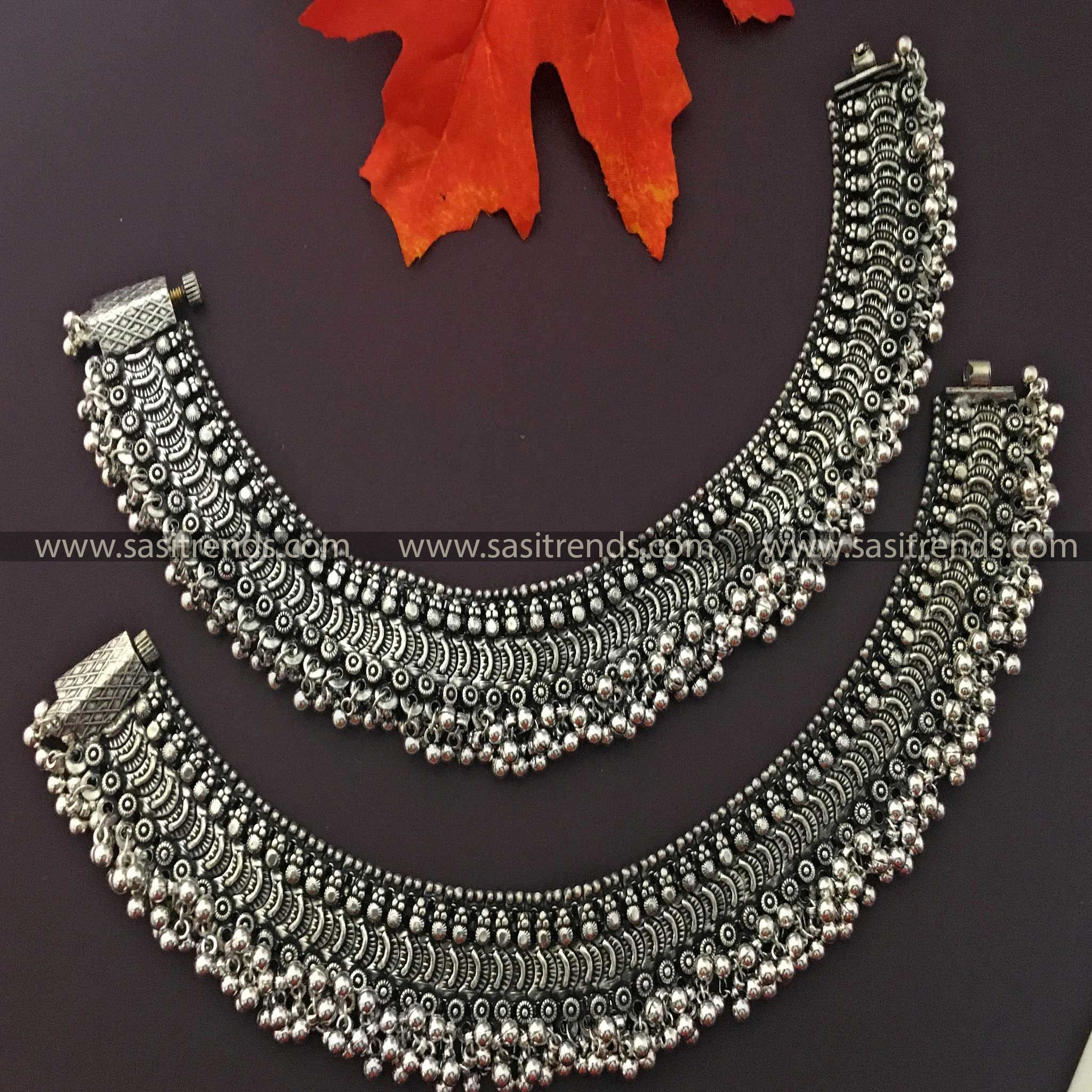 Ornate oxidised silver anklet with cascading tiers and bead accents navarathiri special