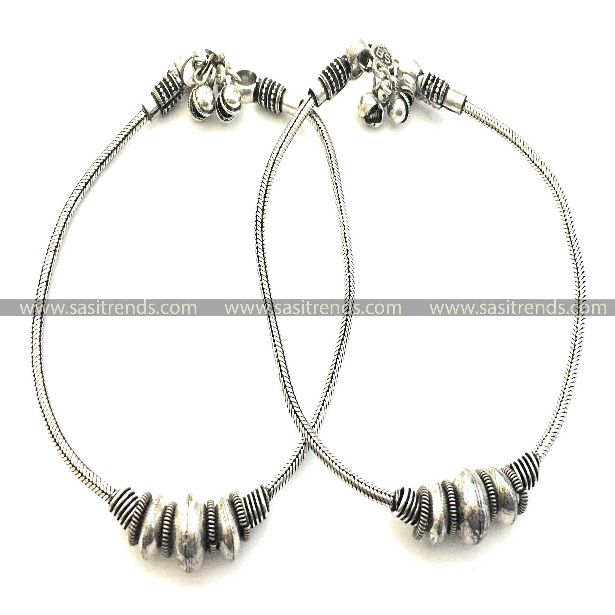 Traditional oxidised silver anklets with symmetrical bead design navarathiri collections