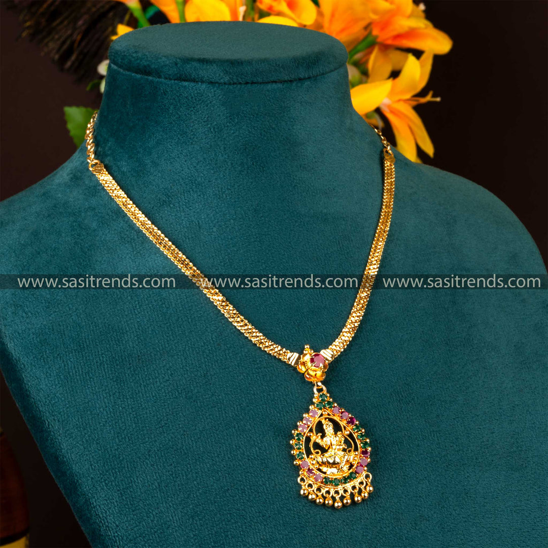 Traditional Goddess Lakshmi Micro Gold Plated Pendant Necklace with AD Stones - Festive Wear