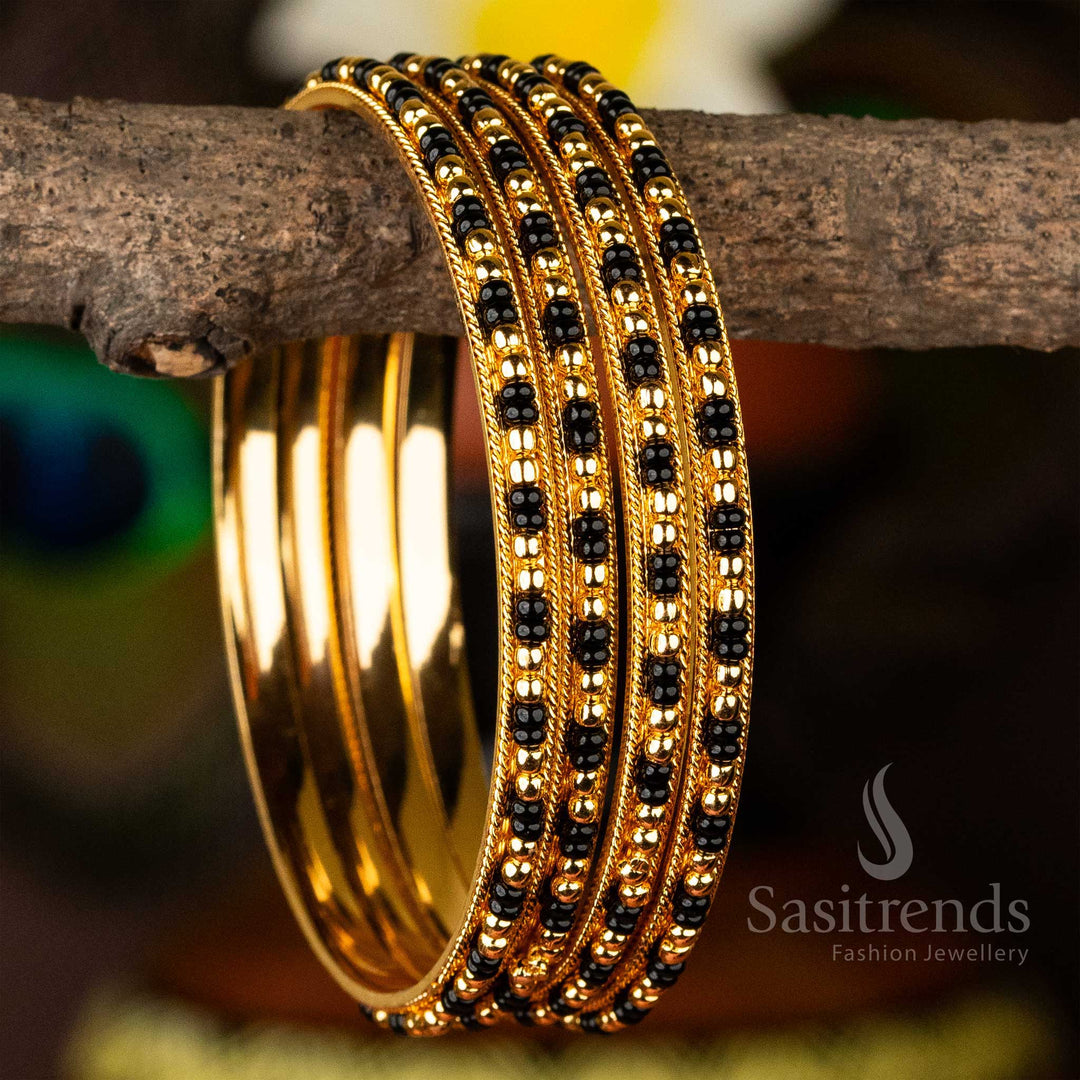 Guaranteed Micro Gold Plated Black Beads Four Pieces Of Bangles Temple Elegance Shopping - Sasitrends