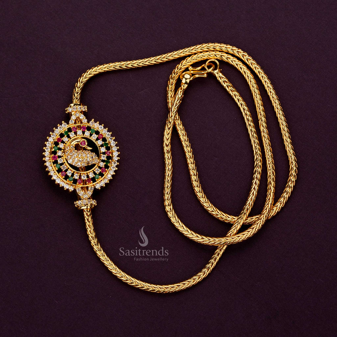 Traditional multi-colored AD stone peacock mugappu chain, 24 inches, one gram gold plated - Sasitrends