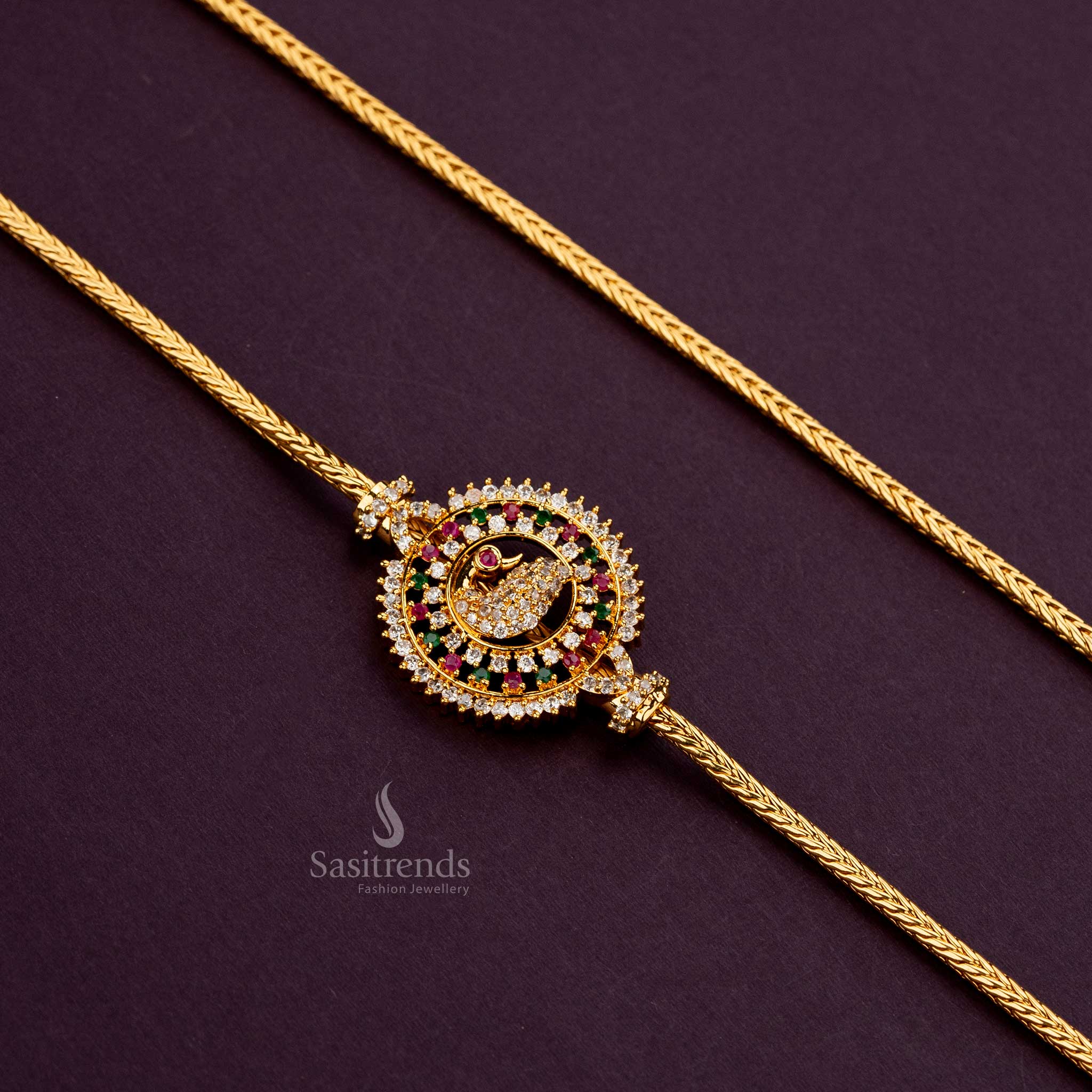 Multi-colored peacock mugappu chain, embellished with AD stones and one gram gold plating, 24 inches - Sasitrends