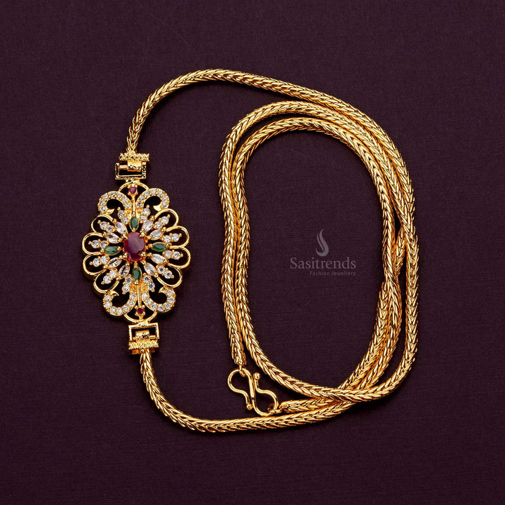 Shop Now: Traditional Wear Micro Gold Plated Mugappu Chain with Floral Motif for Women | Sasitrends