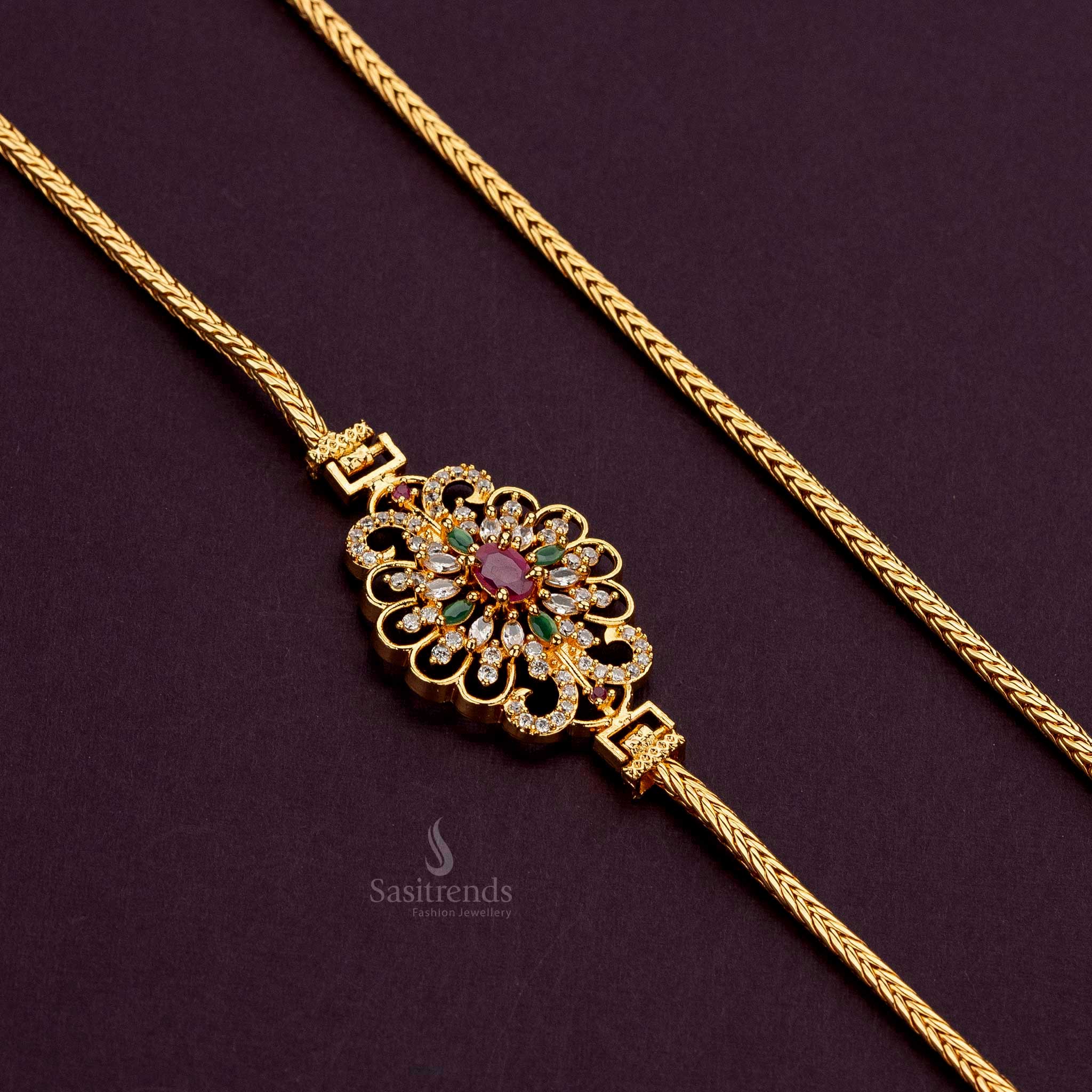 Colorful floral Mugappu chain with multi-colored AD stones, crafted in micro gold plating for an elegant and rich finish - Sasitrends





