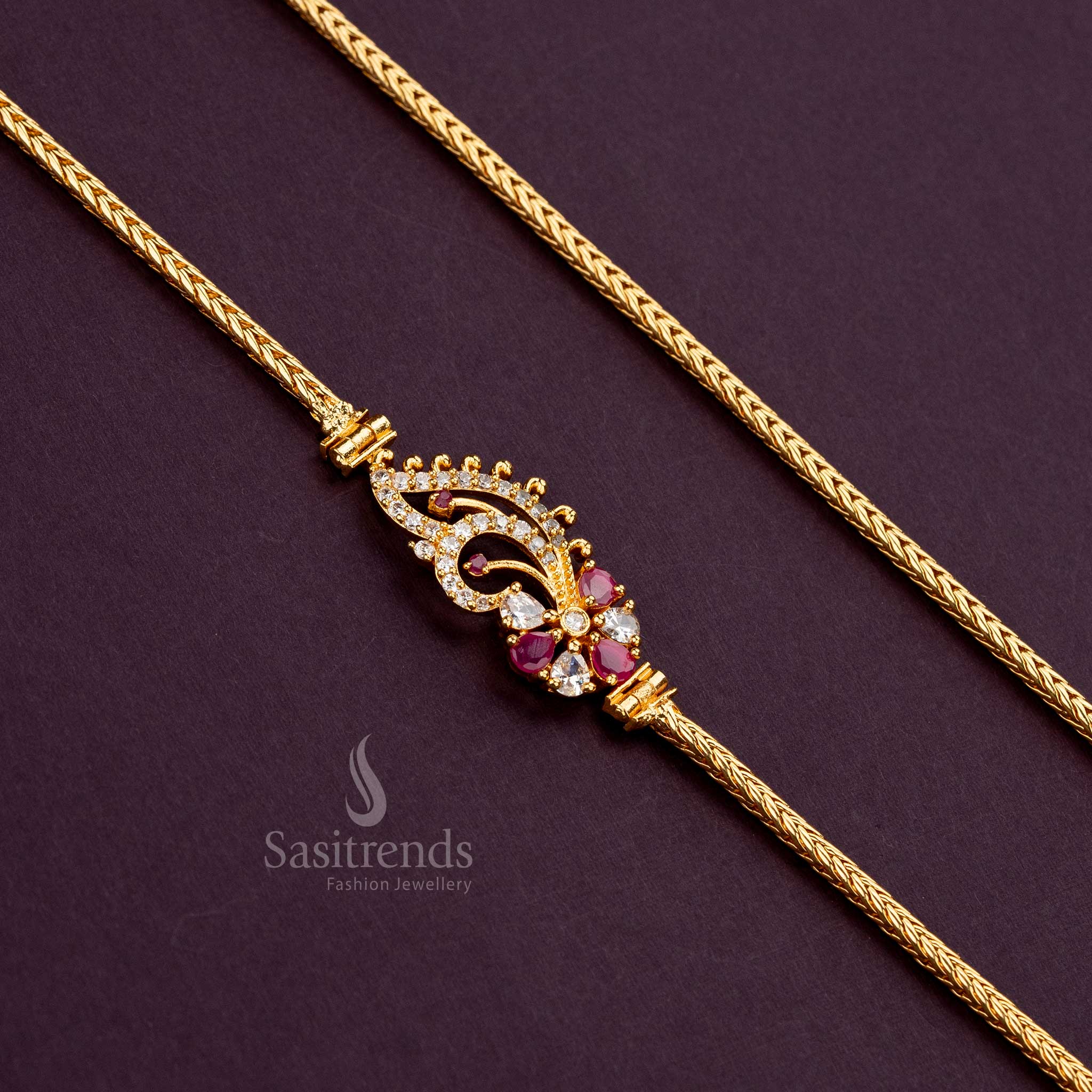 Ruby-white paisley floral mugappu chain with guaranteed gold plating - Sasitrends