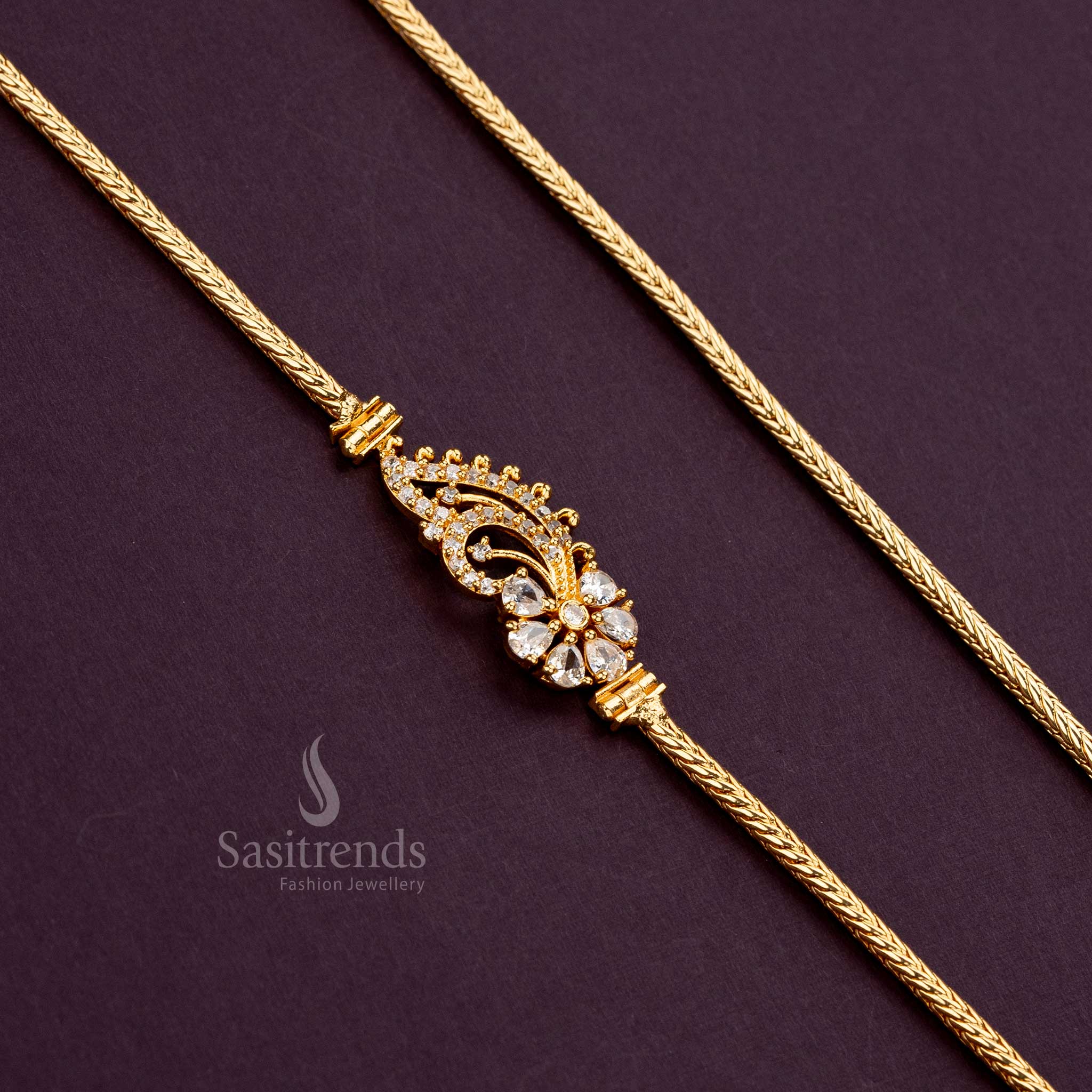 White AD-studded paisley mugappu chain, 24 inches, gold plated - Sasitrends