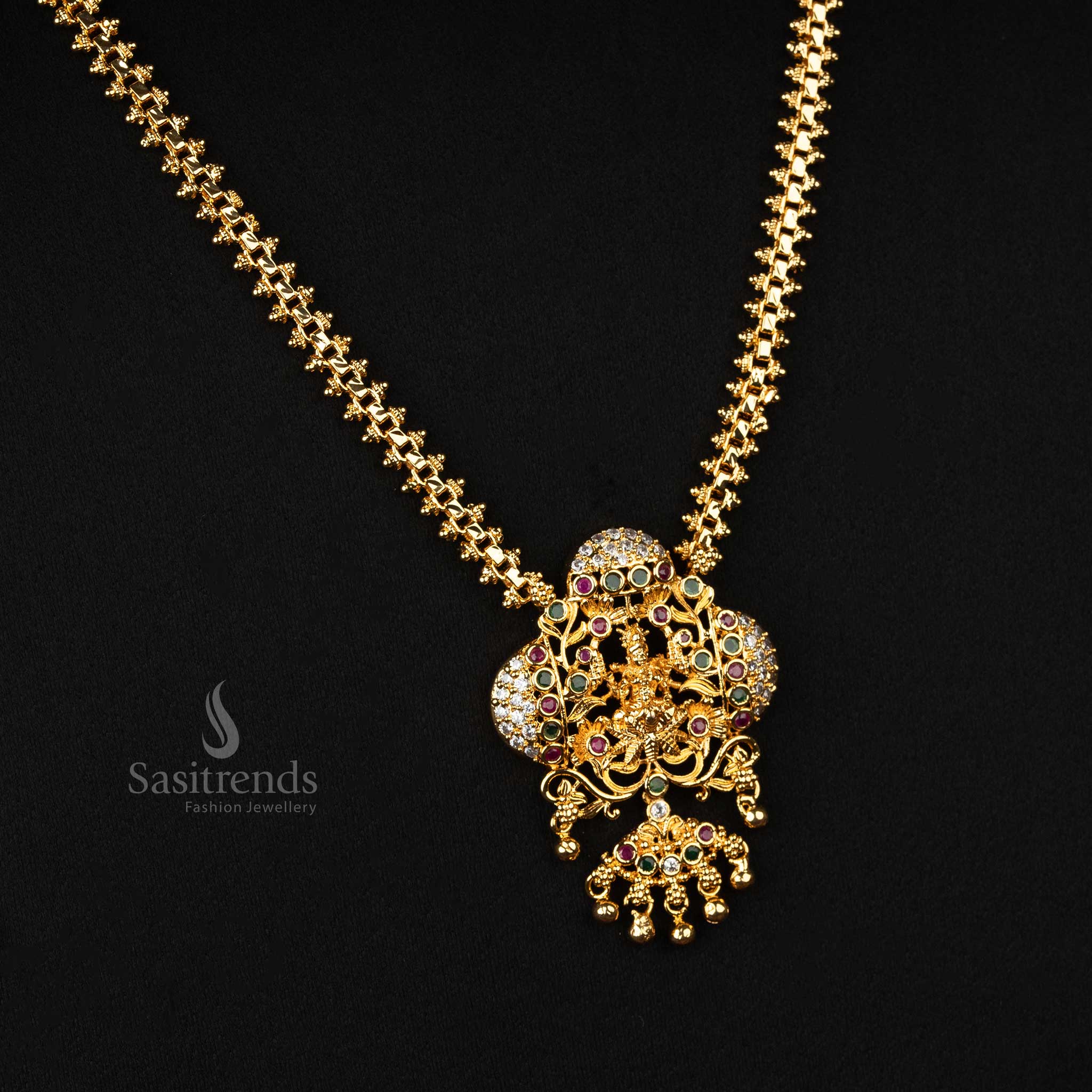 Traditional multi-stone Lakshmi pendant necklace with a double-sided Gajiri chain, perfect for temple and festive events - Sasitrends