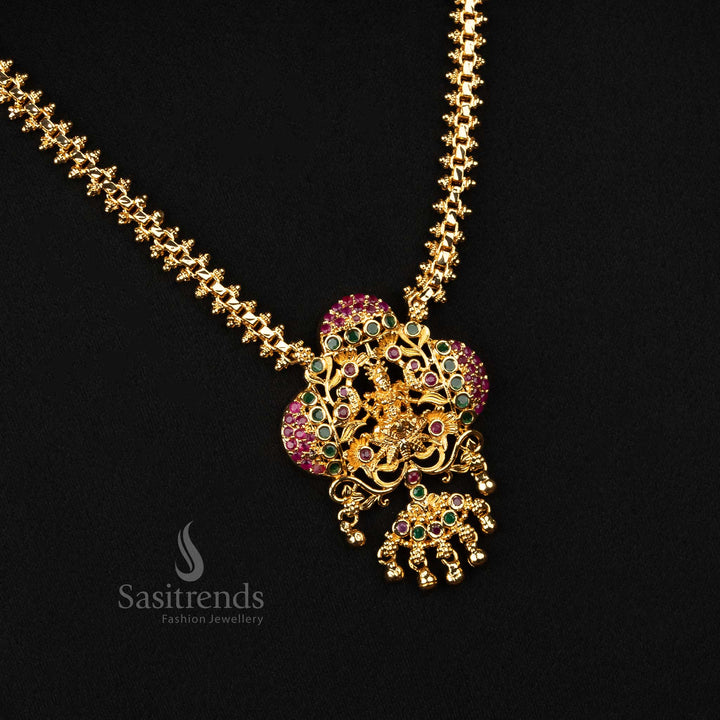 Elegant ruby-green gold-plated Lakshmi pendant necklace with a double-sided Gajiri chain, perfect for temple events - Sasitrends