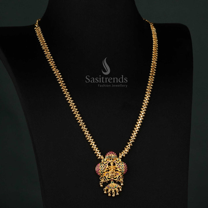 Exquisite Lakshmi pendant necklace in ruby-green with a Gajiri double-sided chain, ideal for temple and traditional events - Sasitrends