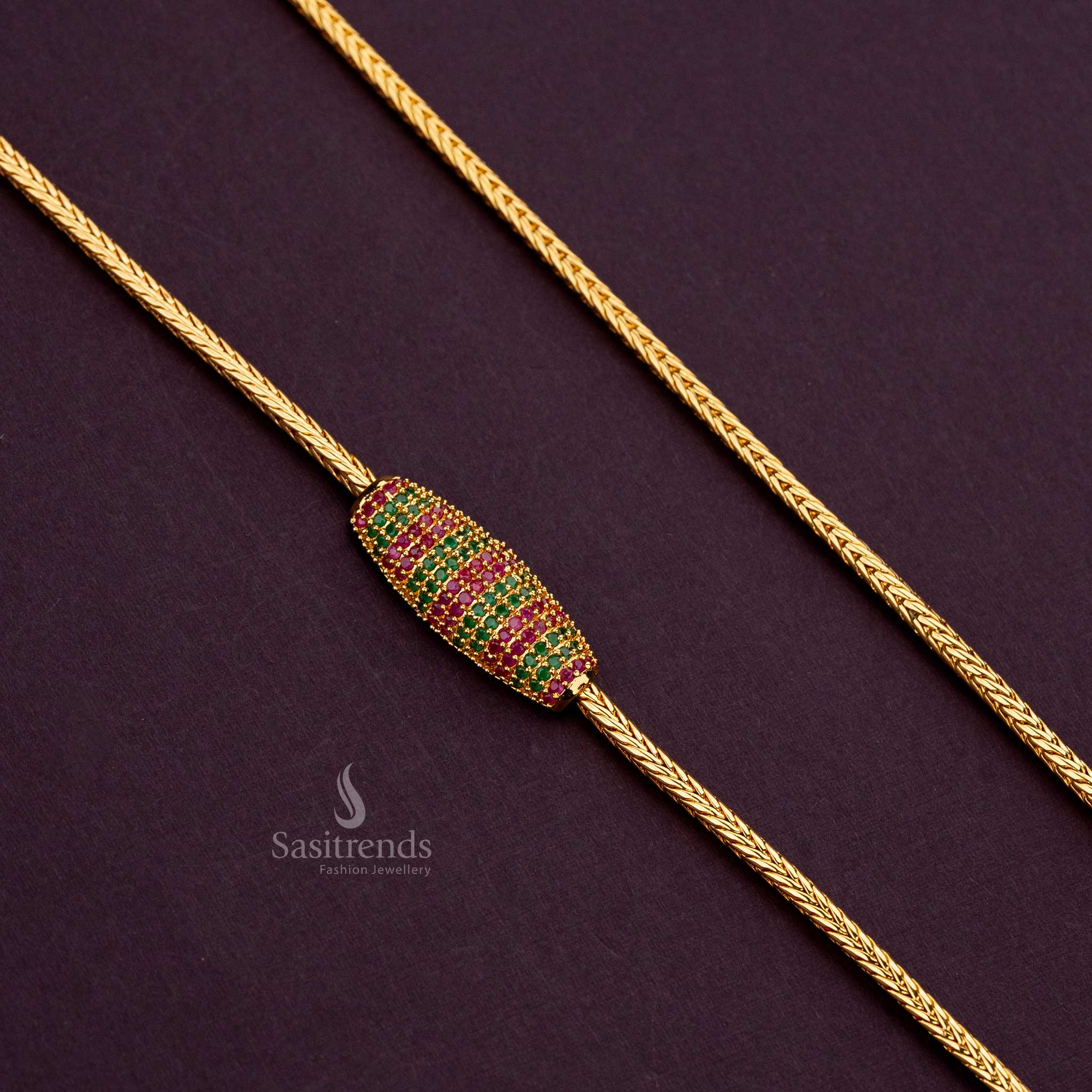 Ruby Green Striped Mugappu Chain with AD Stones, Gold Plated, 24 Inches - Sasitrends