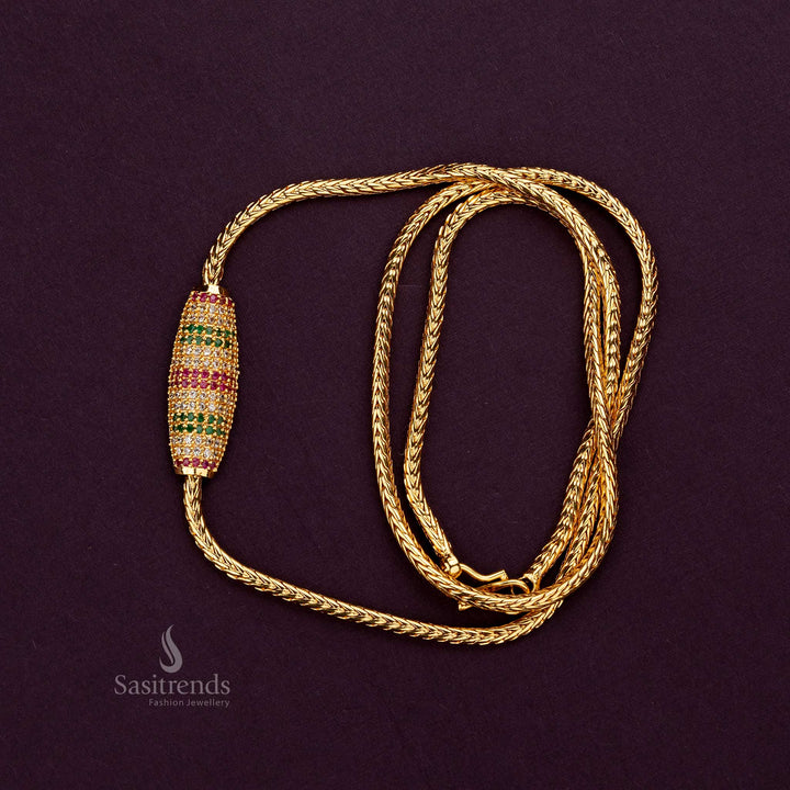 Traditional One Gram Micro Gold Plated Striped Oval Mugappu AD Stone Chain - Sasitrends