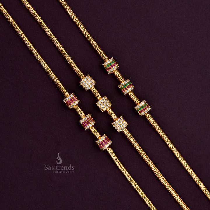 Latest Micro Gold-Plated Cylindrical Ball Mugappu Thali Kodi Chain with AD Stones | Sasitrends