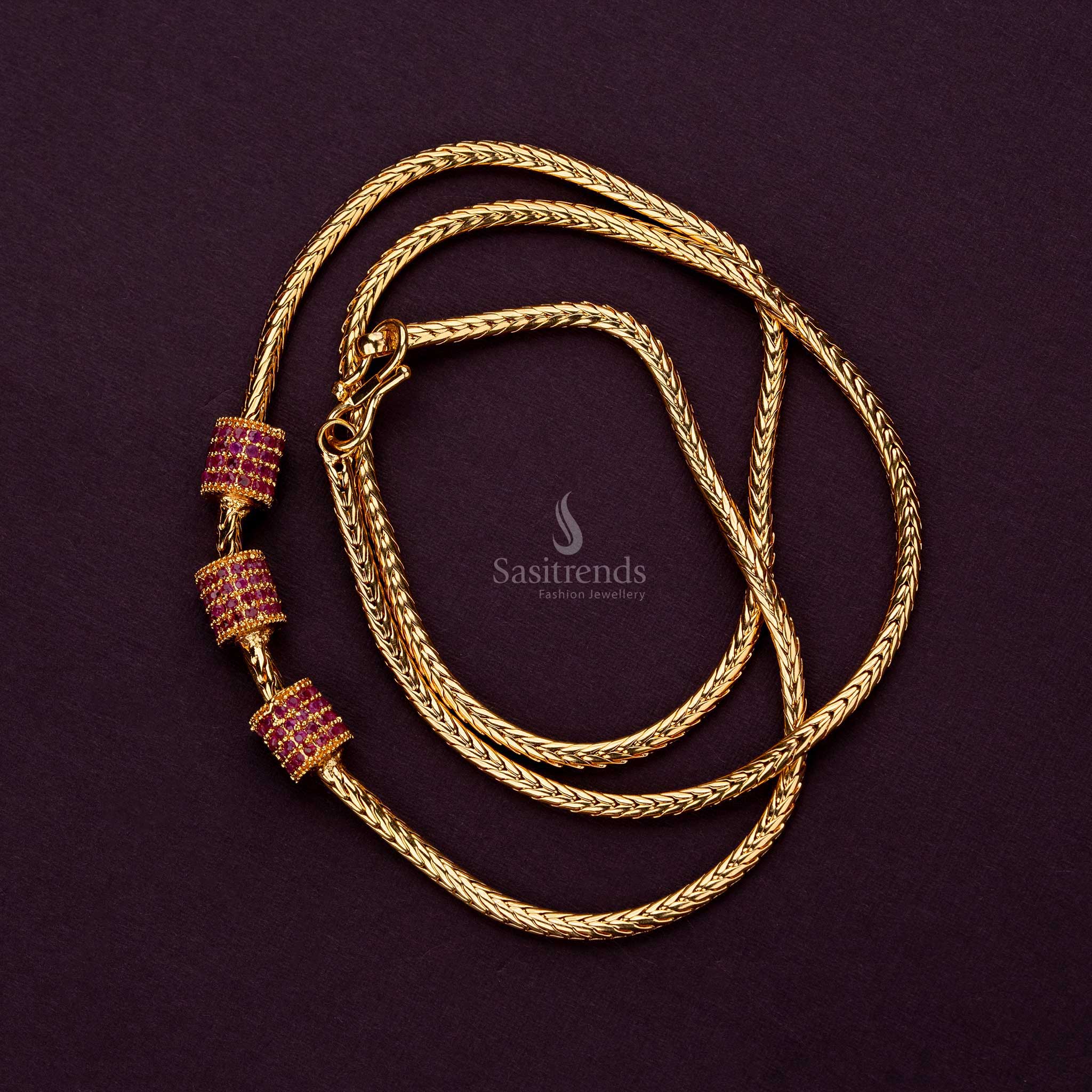 Ruby AD stone cylindrical ball mugappu chain, guaranteed micro gold-plated for traditional wear