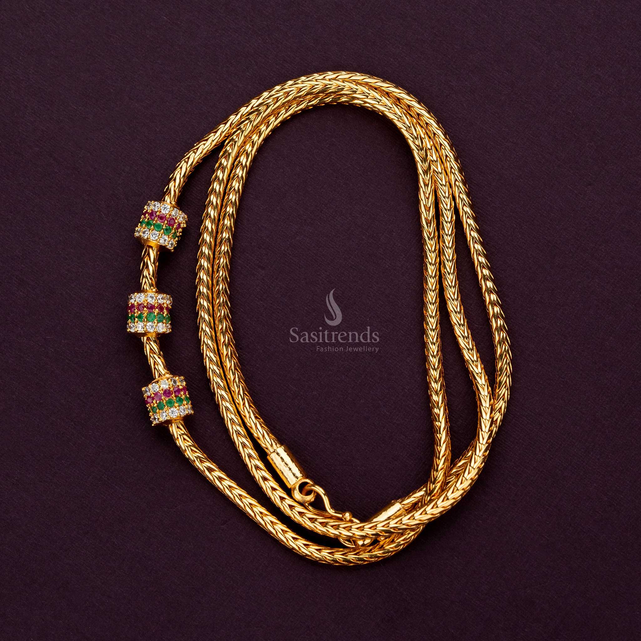 Multi-colored AD stone mugappu chain, 24 inches long, cylindrical ball design, gold-plated