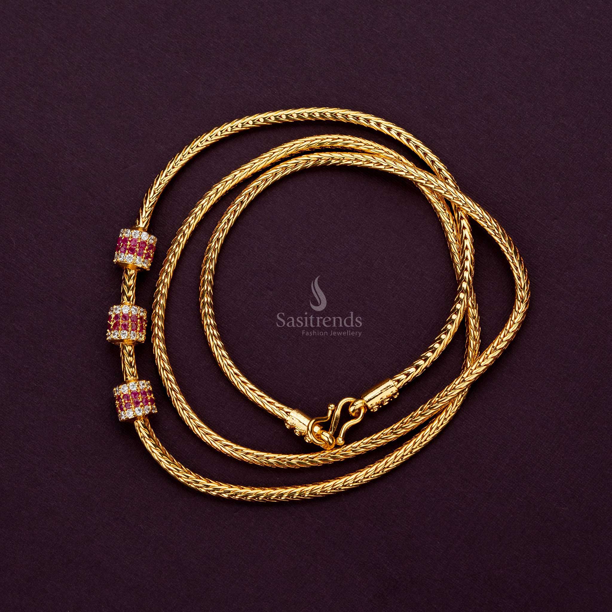 White and ruby AD stone cylindrical ball mugappu chain, guaranteed gold plating