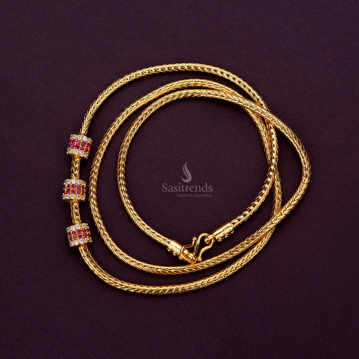 White and ruby AD stone cylindrical ball mugappu chain, guaranteed gold plating