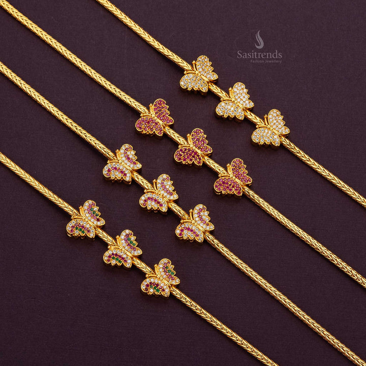 Trendy One Gram Micro Gold Plated Trio Butterfly AD Stone Mugappu Chain - Sasitrends