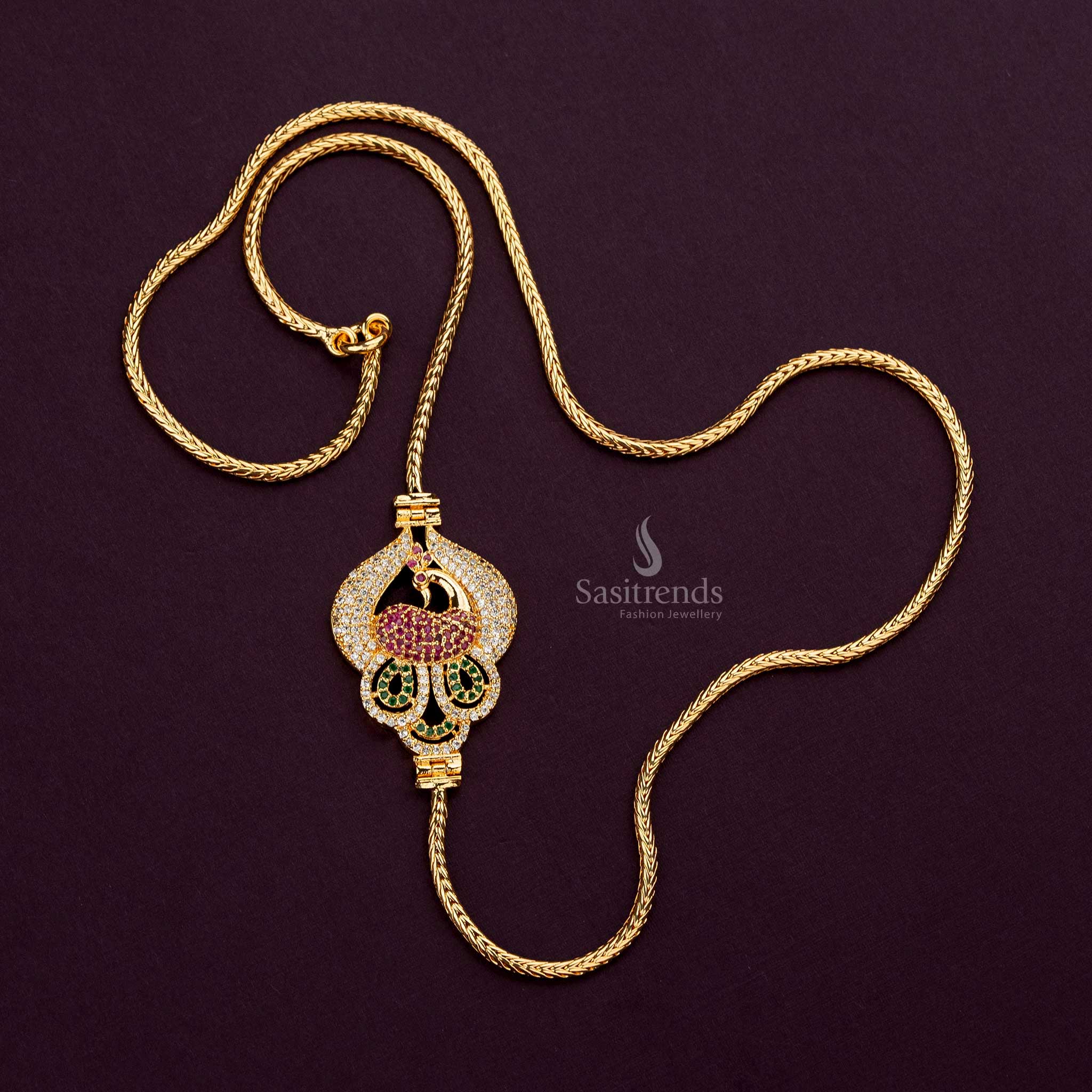 Peacock Mugappu Chain with multi-colored AD stones, micro gold plated and guaranteed for long-lasting wear - Sasitrends





