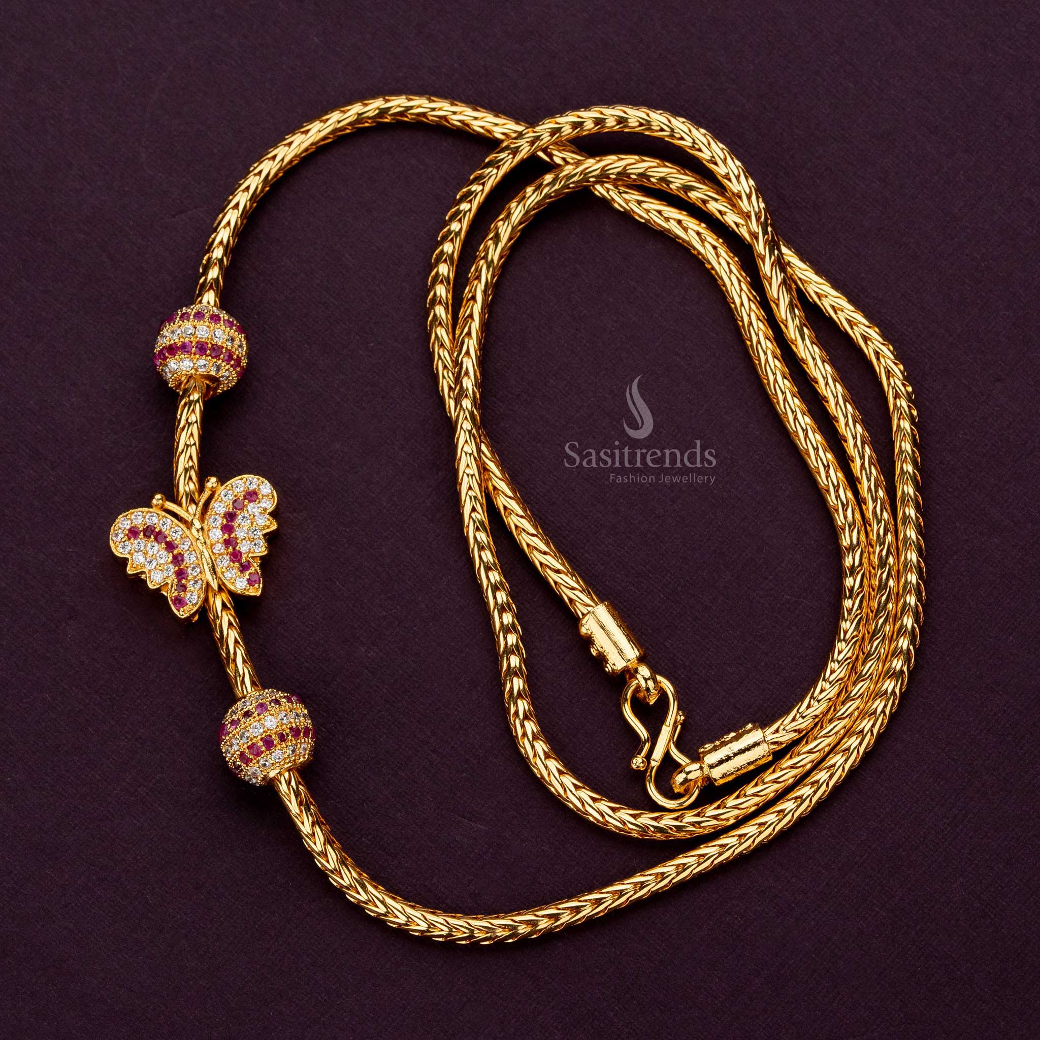 Butterfly design mugappu chain with white and ruby stones, guaranteed one-gram gold plating