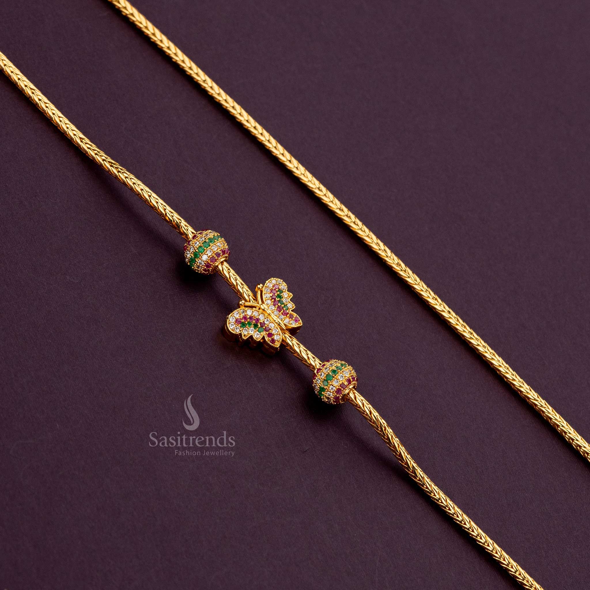 Traditional butterfly mugappu chain with multi AD stones, guaranteed gold plating