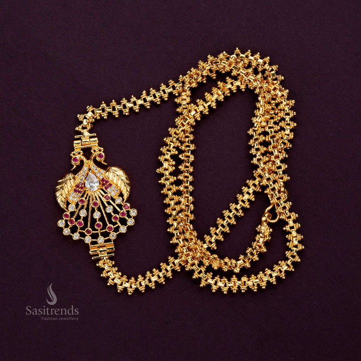 Micro Gold-plated mugappu chain with ruby-white peacock design and AD stones - Sasitrends