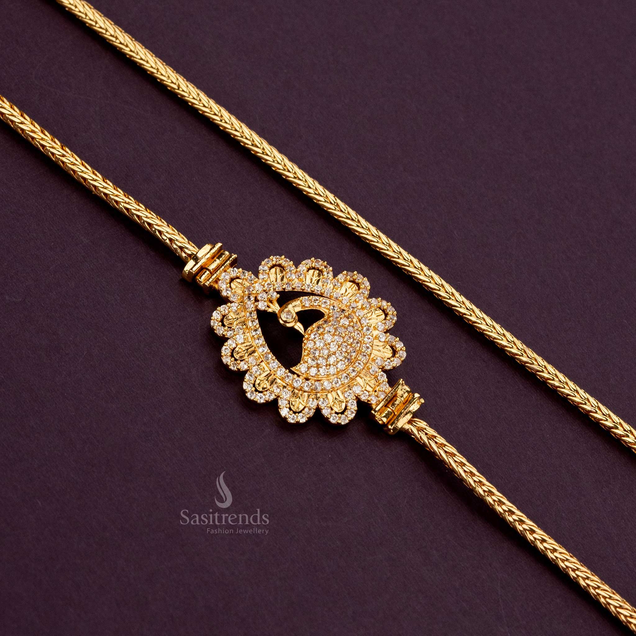 One Gram AD Stone Studded Peacock Mugappu Chain Front View - Sasitrends