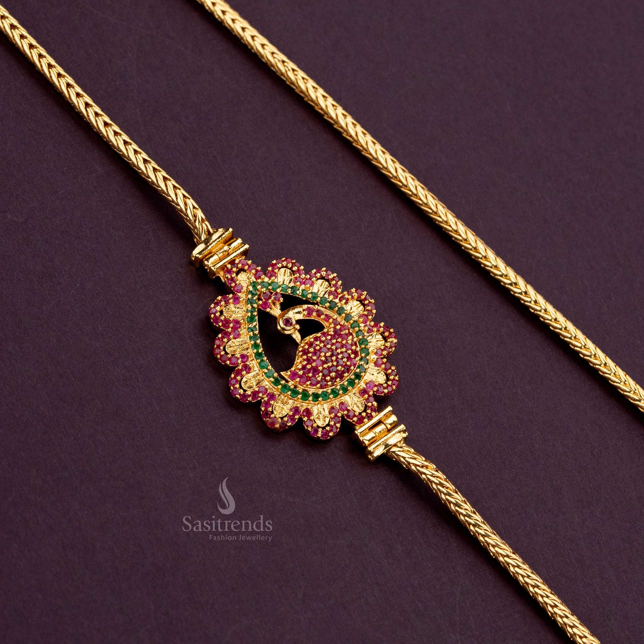 Traditional wear Micro gold Plated ruby green AD stone Peacock design mugappu Chain - Sasitrends