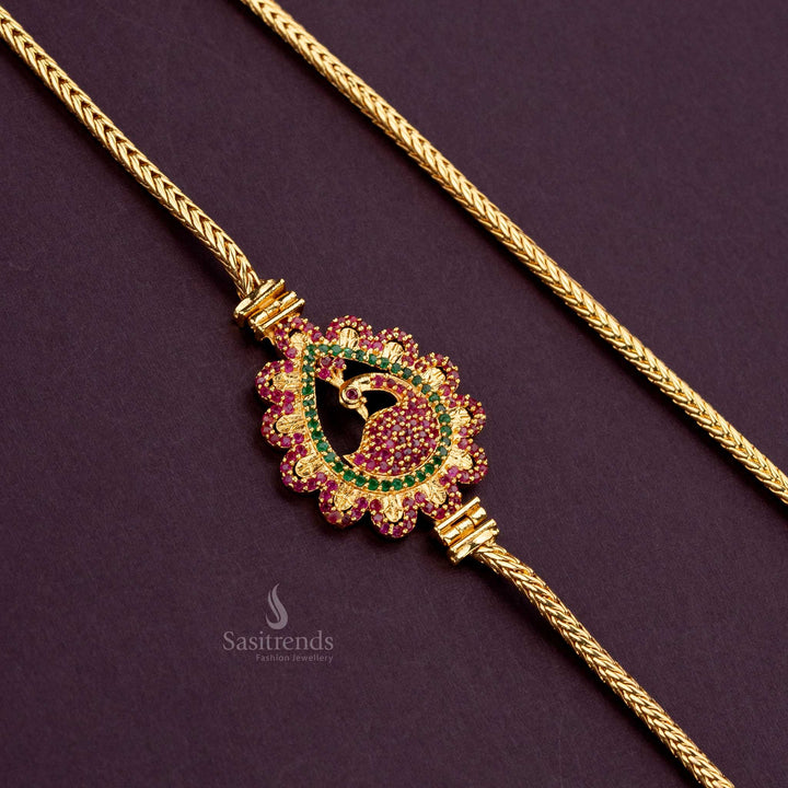 Traditional wear Micro gold Plated ruby green AD stone Peacock design mugappu Chain - Sasitrends