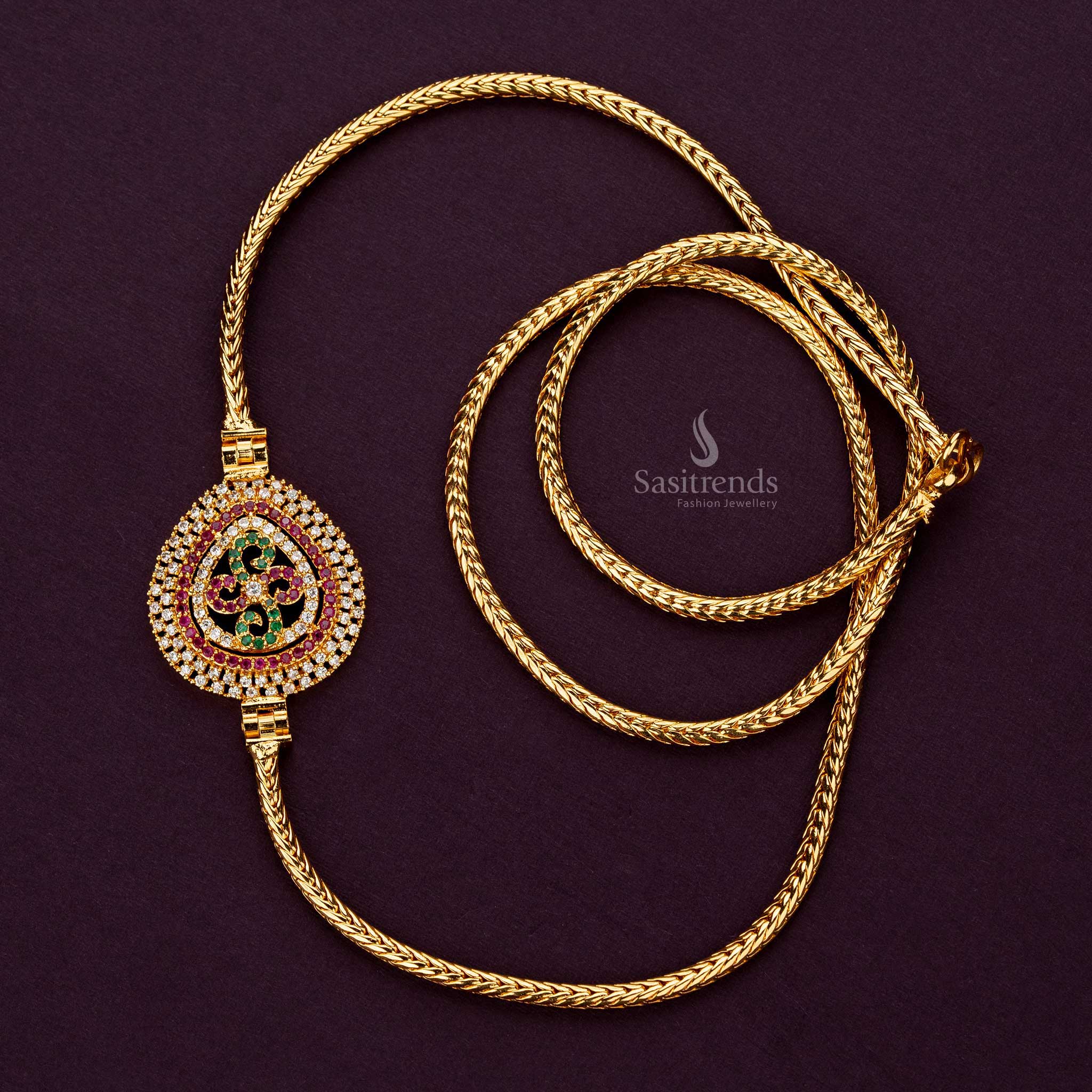 Exquisite mugappu chain with multi water drop floral motif and AD stones, micro gold plated for sarees and lehengas - Sasitrends