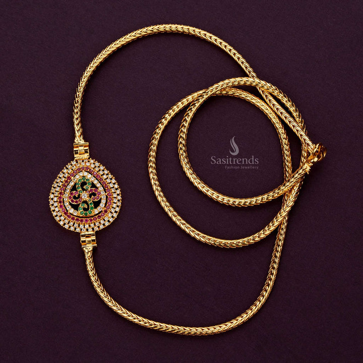 Exquisite mugappu chain with multi water drop floral motif and AD stones, micro gold plated for sarees and lehengas - Sasitrends