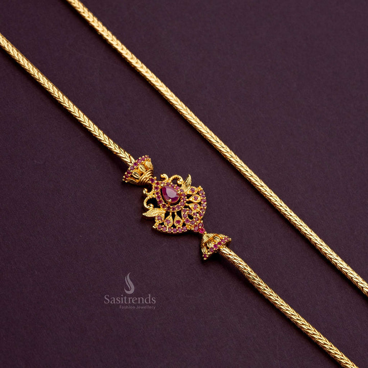 Elegant water drop Ruby AD stone mugappu chain with a real gold-like finish - Sasitrends