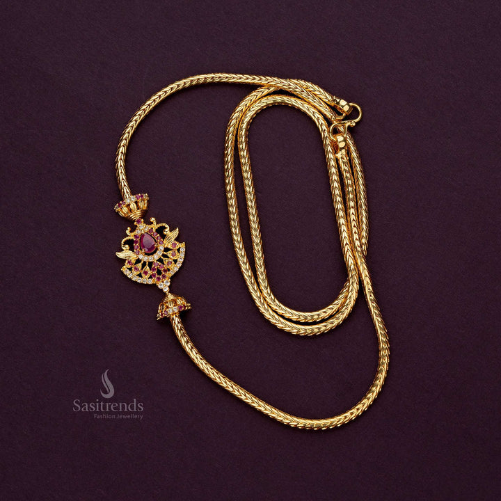 One Gram Micro Gold Plated AD Stone Leaf Pattern Water Drop Stone Mugappu Chain - Sasitrends