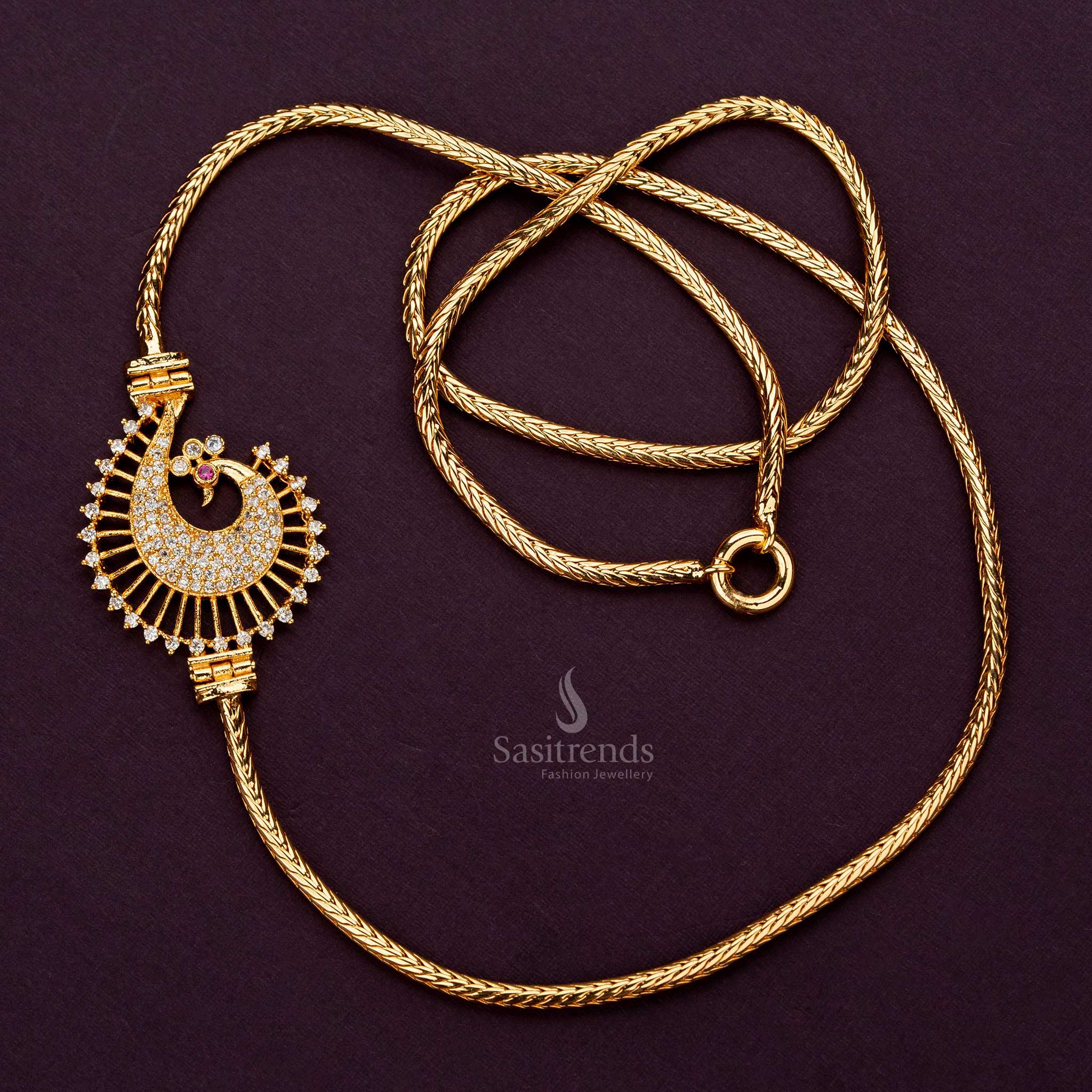 White AD stone peacock mugappu chain, 24K gold-plated with detailed feathers, 24 inches - Sasitrends