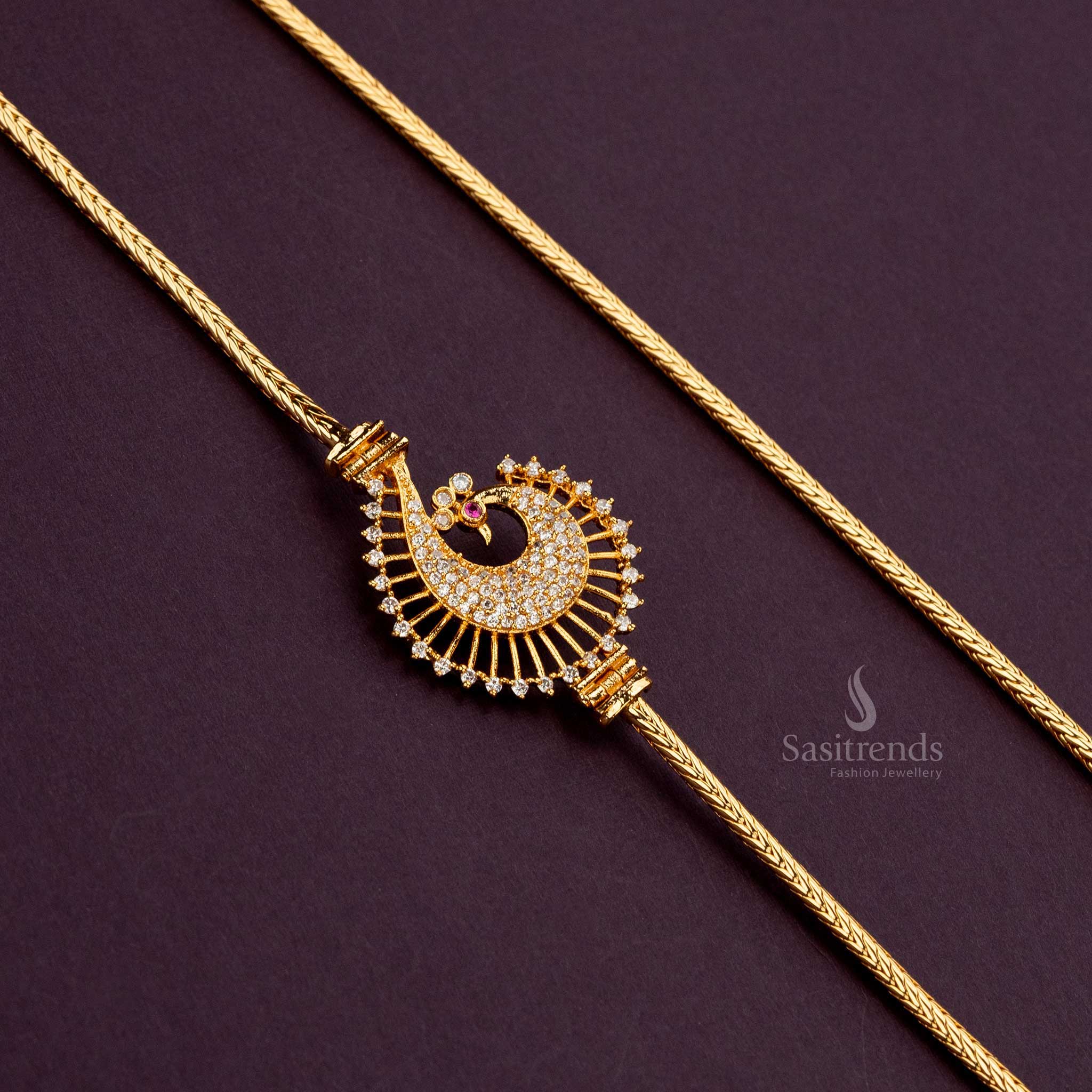 Intricate peacock mugappu chain with white AD stones, 24 inches, micro gold-plated - Sasitrends