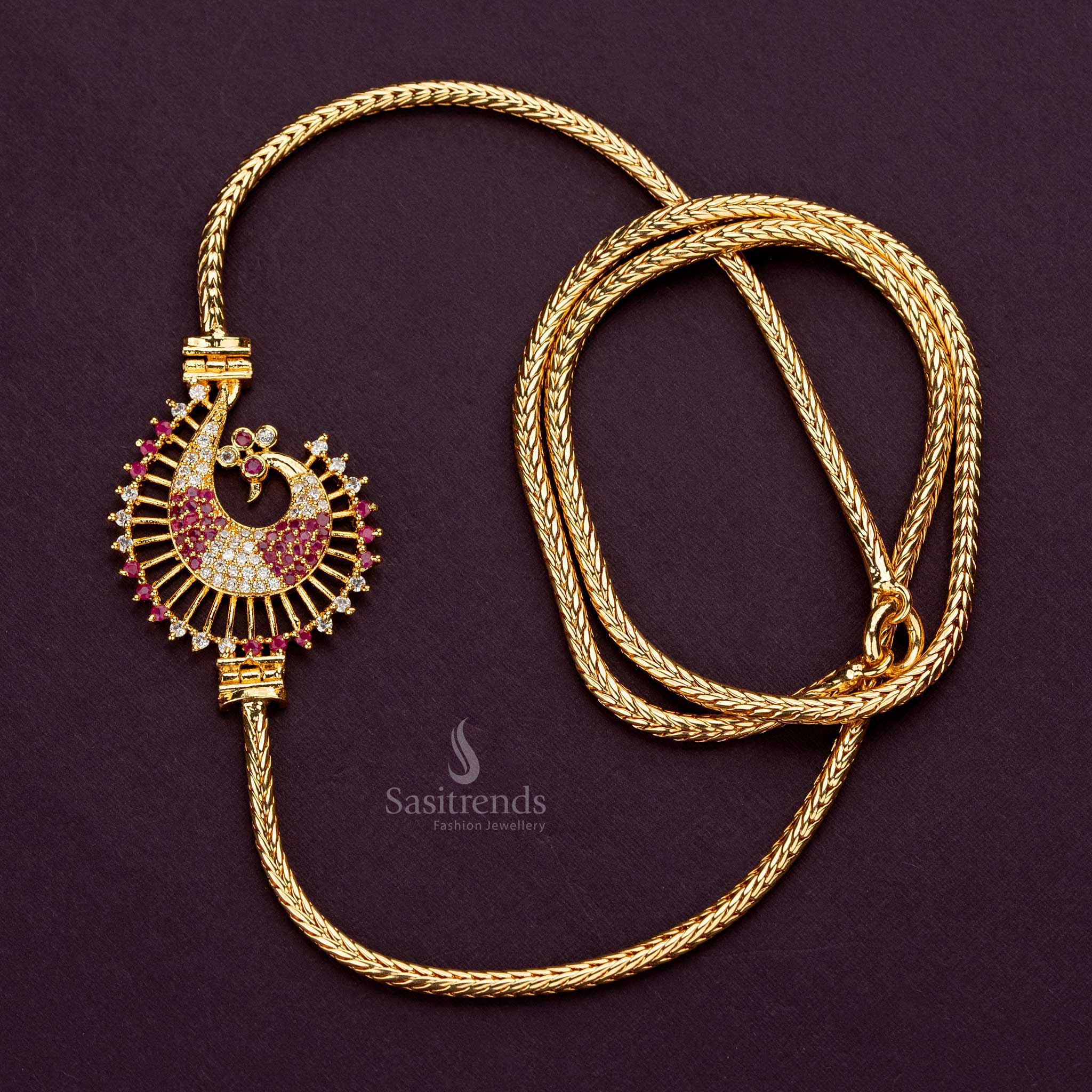 White-Ruby Peacock mugappu chain with AD stones, micro gold plated, 24 inches - Sasitrends