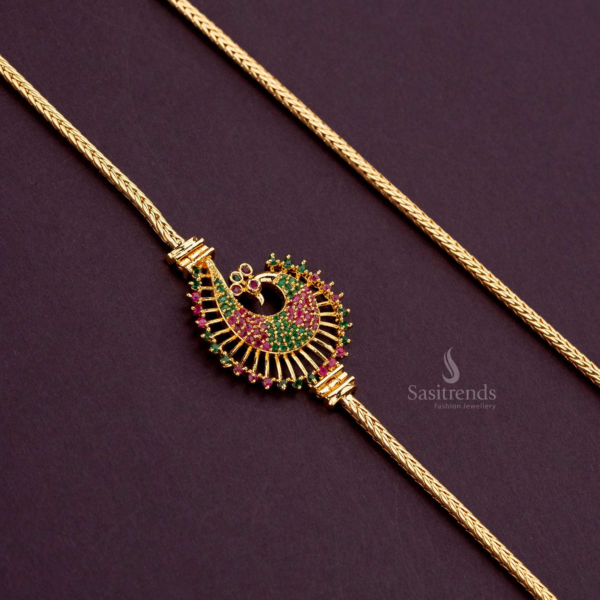 Detailed peacock mugappu chain with ruby-green AD stones, 24K gold-plated, 24 inches - Sasitrends