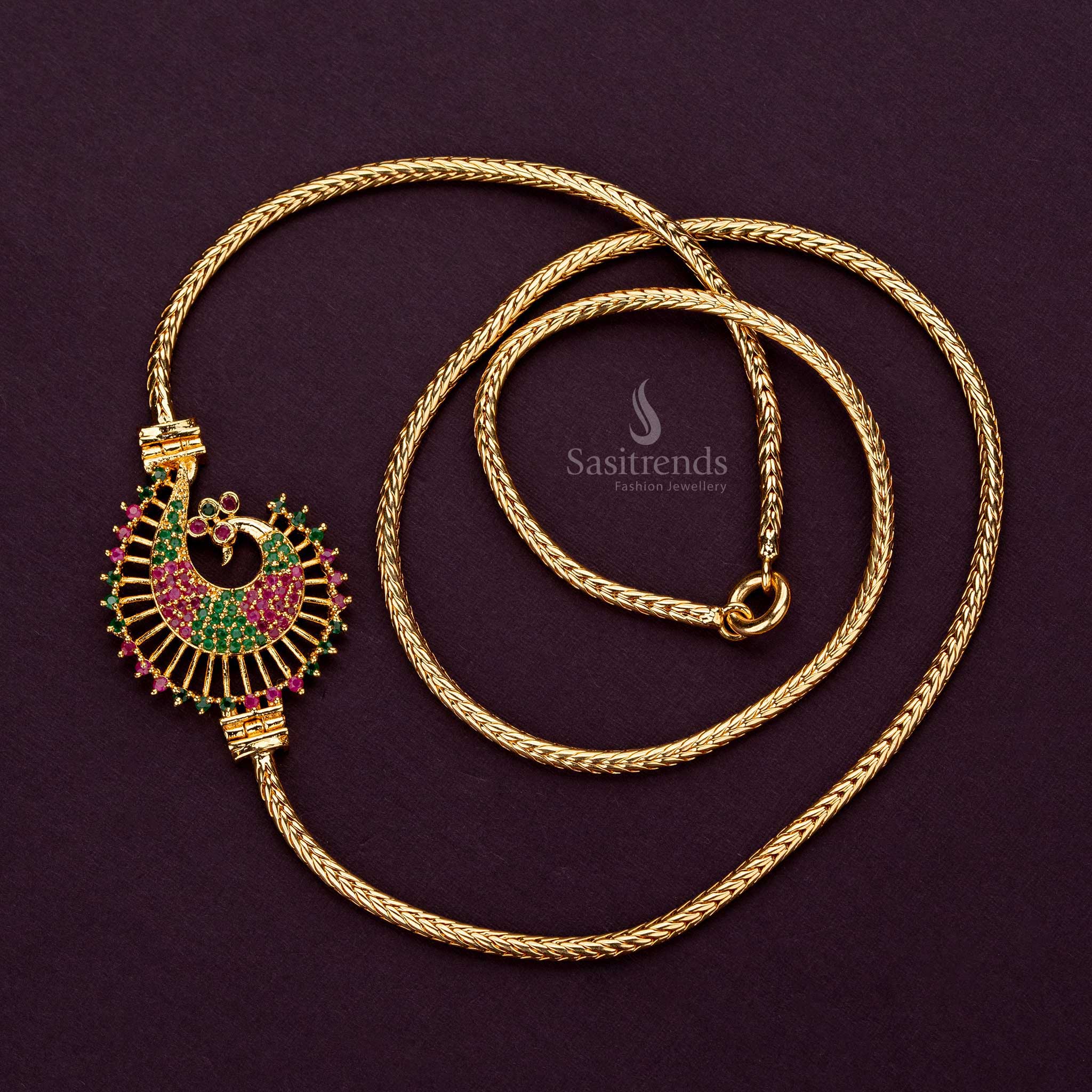 Ruby-green AD stone peacock pendant mugappu chain with intricate feather pattern - Sasitrends