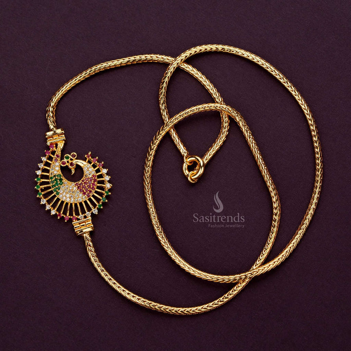 Micro gold plated Peacock mugappu chain with multi-color AD stones, traditional jewellery - Sasitrends