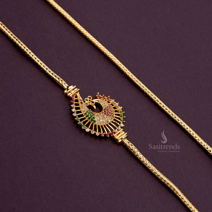 Multi-color AD stone Peacock mugappu chain, 1-gram gold plated, perfect for sarees - Sasitrends