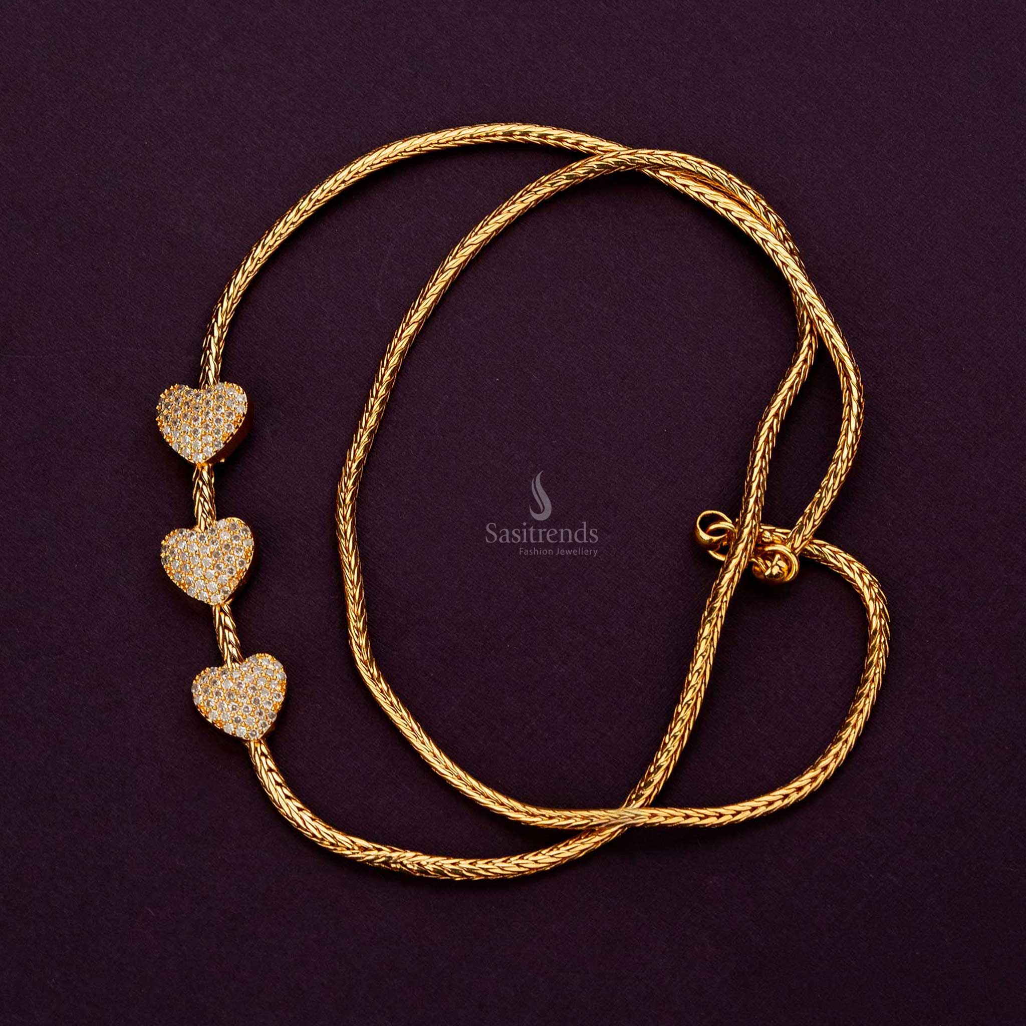 Trio heart mugappu chain with white AD stones, 24-inch, guaranteed gold plating Sasitrends