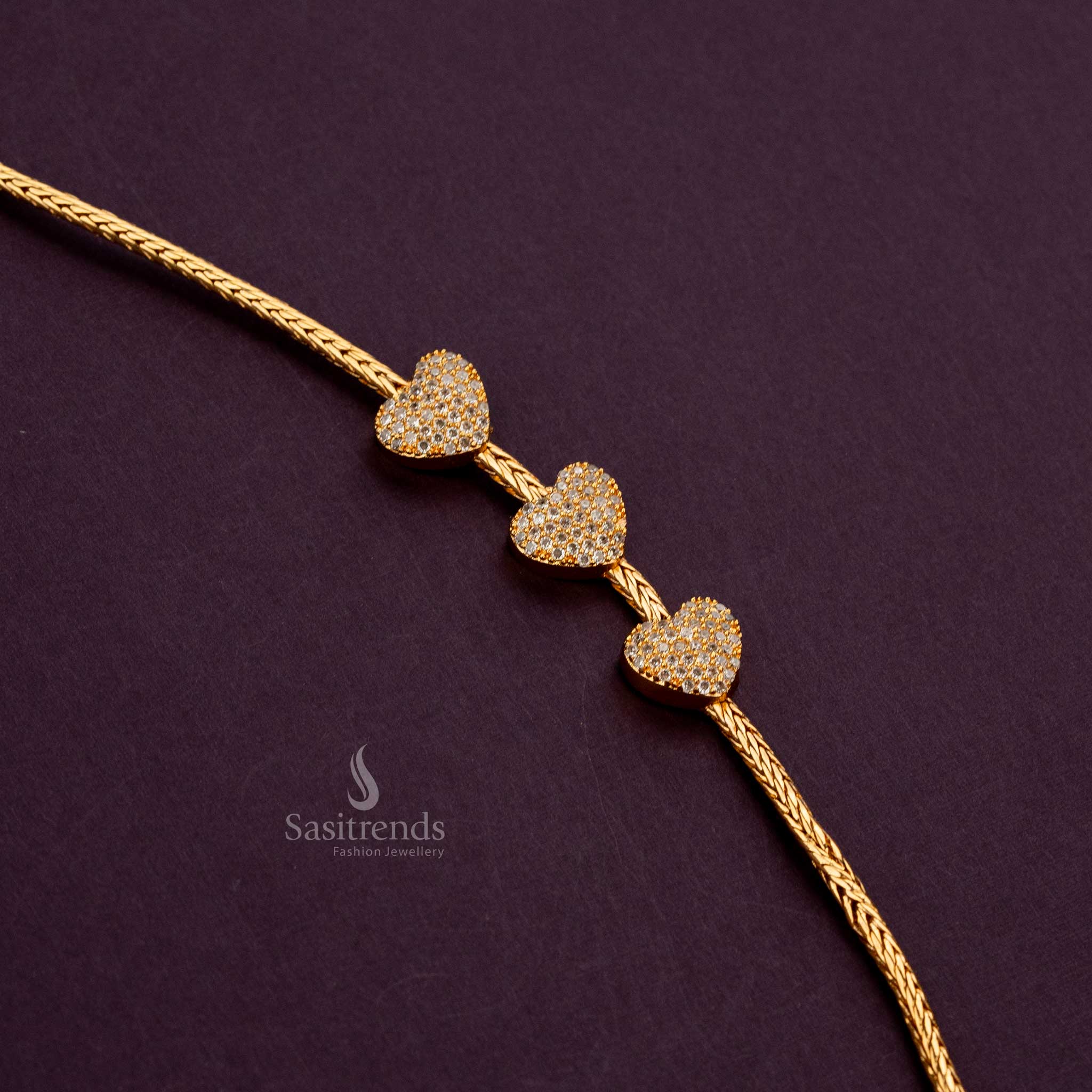 Elegant white AD stone trio heart mugappu chain, guaranteed one-gram gold - Sasitrends