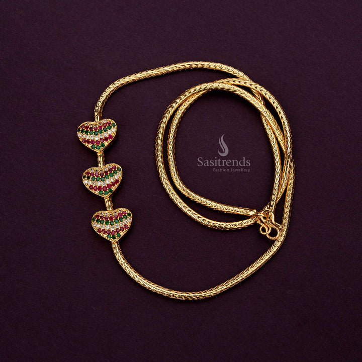 Trio heart mugappu chain with multi-colored AD stones, guaranteed gold plated - Sasitrends