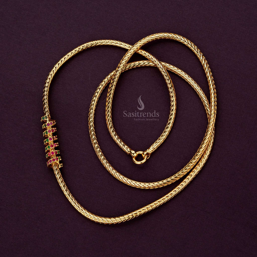 Micro gold plated Ruby Green Mugappu chain with spiral design and AD stones, perfect for traditional events - Sasitrends