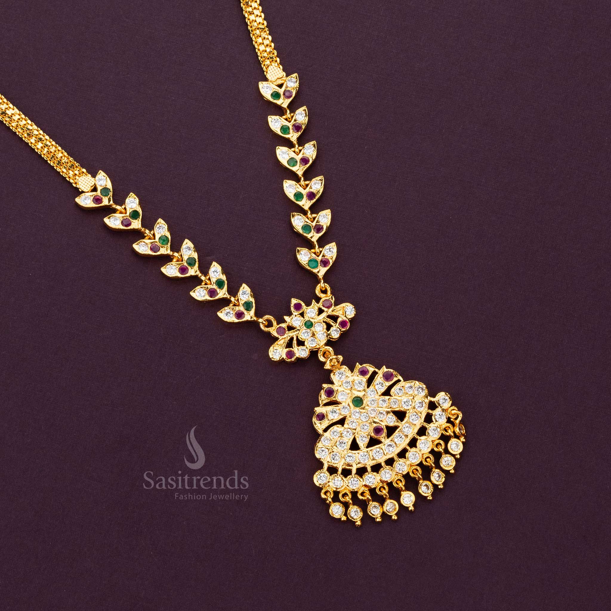 Traditional Micro Gold Plated Leafy Necklace with Stone-Studded Ornate Pendant - Sasitrends