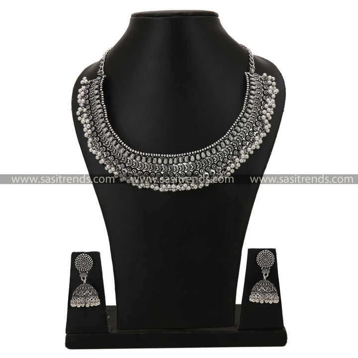 Niranjana Oxidised Long Haram and Pendant Chain Necklace Jewellery Set - Sasitrends