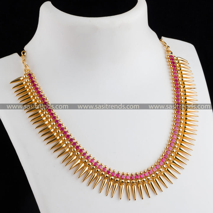 Kerala Traditional Micro Gold Plated Mullapoo Necklace with Ruby Stones and Adjustable Necklace- Festive Wear